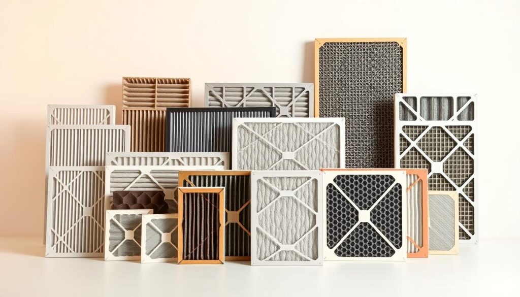 A well-lit, detailed display of various HVAC filter types set against a clean, minimalist background. In the foreground, an array of filters in different shapes, sizes, and materials - pleated, flat, panel, and media filters. The middle ground showcases the internal structure and unique features of each filter type, with cross-sectional views highlighting their construction and airflow patterns. The background is a simple, white studio setting, creating a clinical, informative atmosphere that invites close inspection of the filters. Warm, directional lighting casts subtle shadows, emphasizing the textures and contours of the filters. The overall composition is balanced, allowing each filter type to be clearly visible and distinguishable.