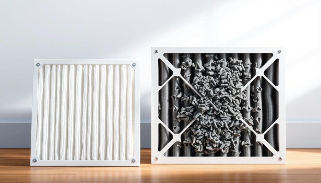 A well-lit, detailed illustration showcasing the importance of regularly replacing an HVAC air filter. The foreground features a clean, new filter contrasted against a used, clogged filter, emphasizing the visible difference. The middle ground depicts a cross-section of an HVAC system with the filter in place, highlighting its crucial role in maintaining airflow and efficiency. The background subtly suggests the impact of a neglected filter, with a slightly hazy, less-vibrant scene to convey the potential consequences. Soft, directional lighting casts shadows that accentuate the filter's texture and form, creating a sense of depth and tangibility. The overall mood is informative and educational, inviting the viewer to appreciate the significance of this often-overlooked maintenance task.