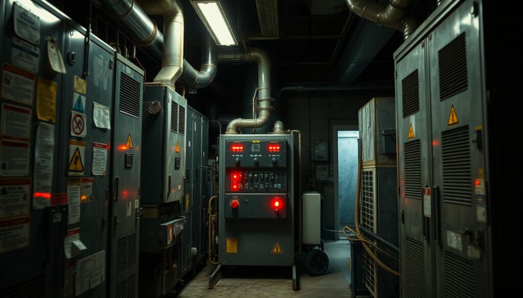 A well-lit industrial interior with weathered HVAC equipment lining the walls, partially obscured by shadows. Maintenance tags, warning signs, and equipment labels clutter the foreground, hinting at the need for system replacement. The middle ground features a centralized control panel with flashing error lights, conveying the system's deteriorating condition. The background showcases a dimly lit corner, emphasizing the aged and neglected environment. The overall mood is one of functional decay, urging the viewer to consider the warning signs of an HVAC system in need of replacement.