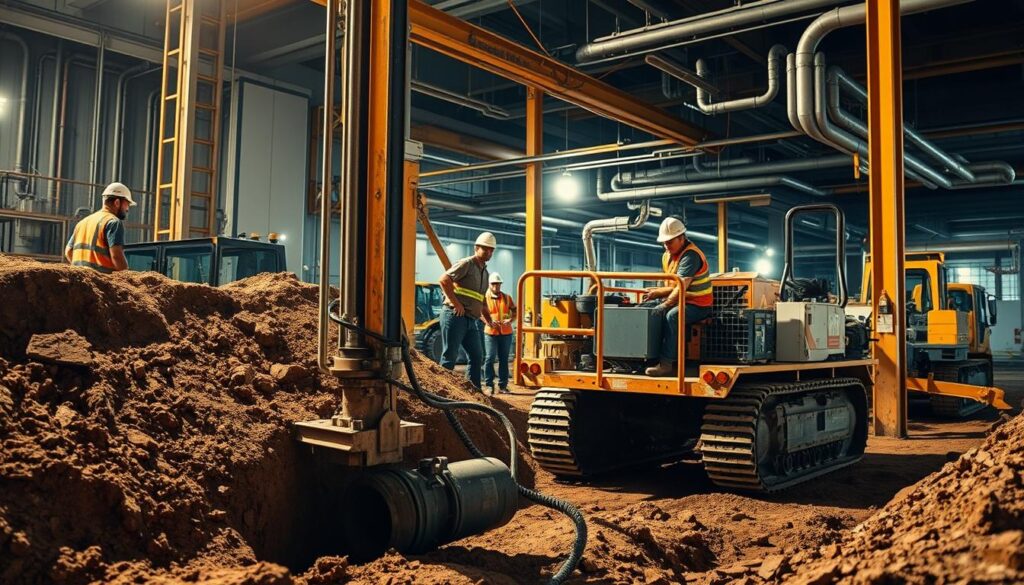 A bustling construction site, where a team of skilled technicians expertly navigate the intricate world of trenchless sewer repair. In the foreground, a high-precision trenchless drilling rig bores through the earth, carefully maneuvering underground without disrupting the surface. In the middle ground, workers monitor the progress, analyzing data and ensuring the accuracy of the process. In the background, a network of underground pipes and infrastructure come into view, hinting at the complexity of the sewer system being repaired. The scene is bathed in the warm glow of directional lighting, creating a sense of purpose and professionalism. The overall mood is one of precision, technology, and the unseen work that keeps our cities running smoothly.