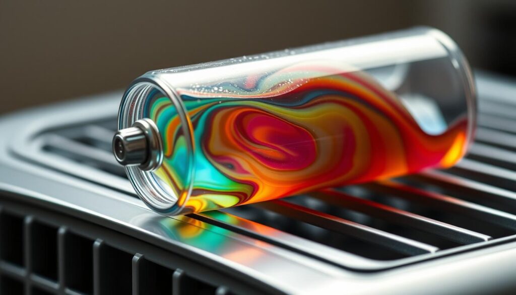 A close-up view of a transparent, multi-colored refrigerant canister, filled with a dense, swirling liquid. The canister is sitting atop a sleek, modern air conditioning unit, its metallic surface reflecting the vibrant hues of the refrigerant. Soft, directional lighting illuminates the scene, casting subtle shadows and highlights that accentuate the intricate details of the refrigerant's molecular structure. The overall mood is one of technical precision and scientific curiosity, inviting the viewer to explore the essential role that this fluid plays in the efficient operation of an air conditioning system.