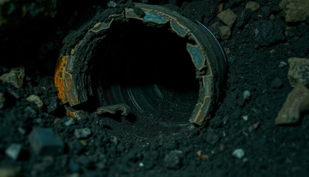 A cracked and damaged sewer pipe, partially buried in the ground, with exposed sections revealing the internal structure. The pipe is surrounded by soil, rocks, and other natural debris, creating a sense of the underground environment. The lighting is dim and gritty, casting shadows that emphasize the deterioration. The camera angle is slightly tilted, giving a sense of unease and the challenges of repairing such an issue. The overall tone is one of aging infrastructure in need of attention, setting the stage for the article's exploration of trenchless sewer repair solutions.
