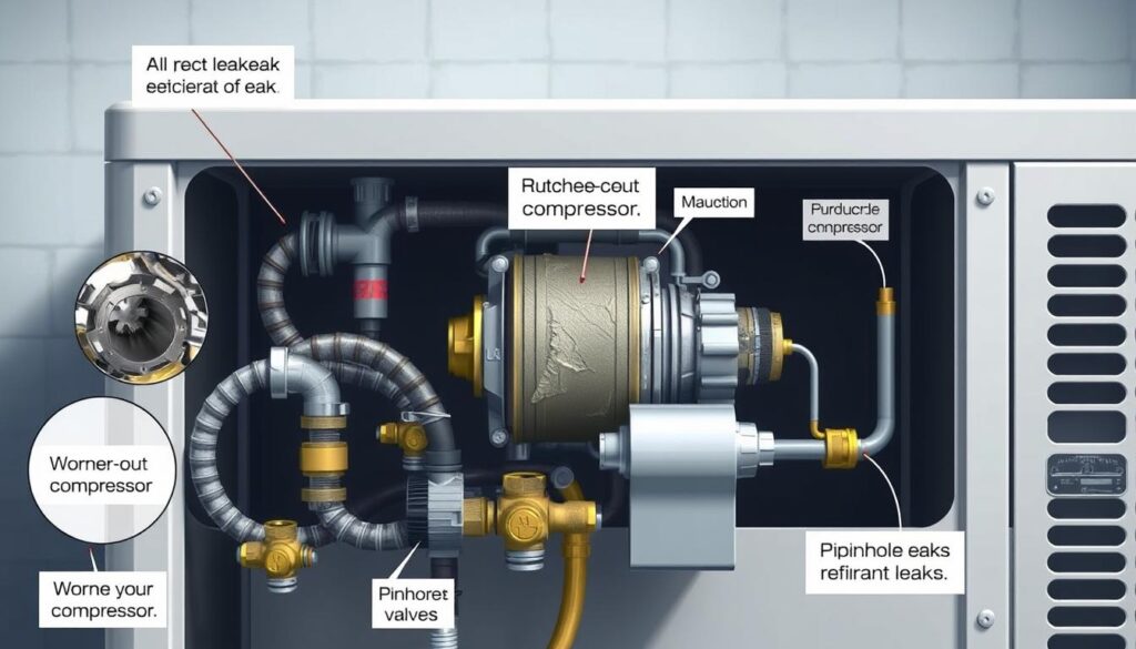 A detailed illustration showcasing the common causes of refrigerant leaks in air conditioning systems. The foreground depicts various leak-prone components like worn-out gaskets, cracked hoses, and damaged valves. The middle ground highlights a ruptured compressor and pinhole leaks in the refrigerant lines. The background subtly suggests the AC unit's overall configuration, with clean, industrial-style lighting casting shadows and highlights. The overall mood is one of technical precision, inviting the viewer to examine the inner workings of an AC system and understand the vulnerabilities that can lead to refrigerant loss.