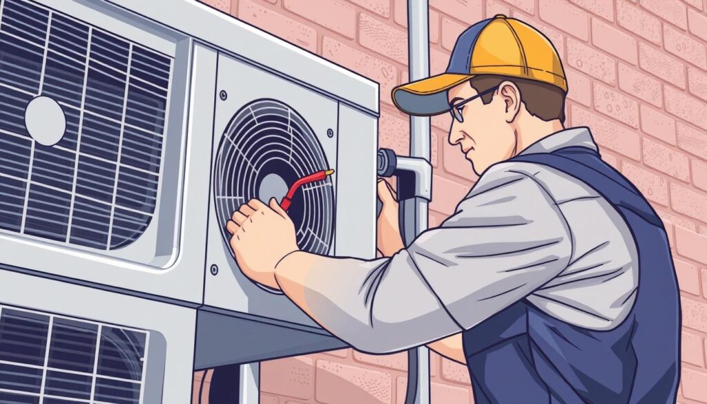 Image of a professional HVAC technician inspecting an air conditioner for refrigerant leaks