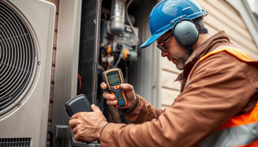 Image of an HVAC technician using a leak detector near an AC unit.