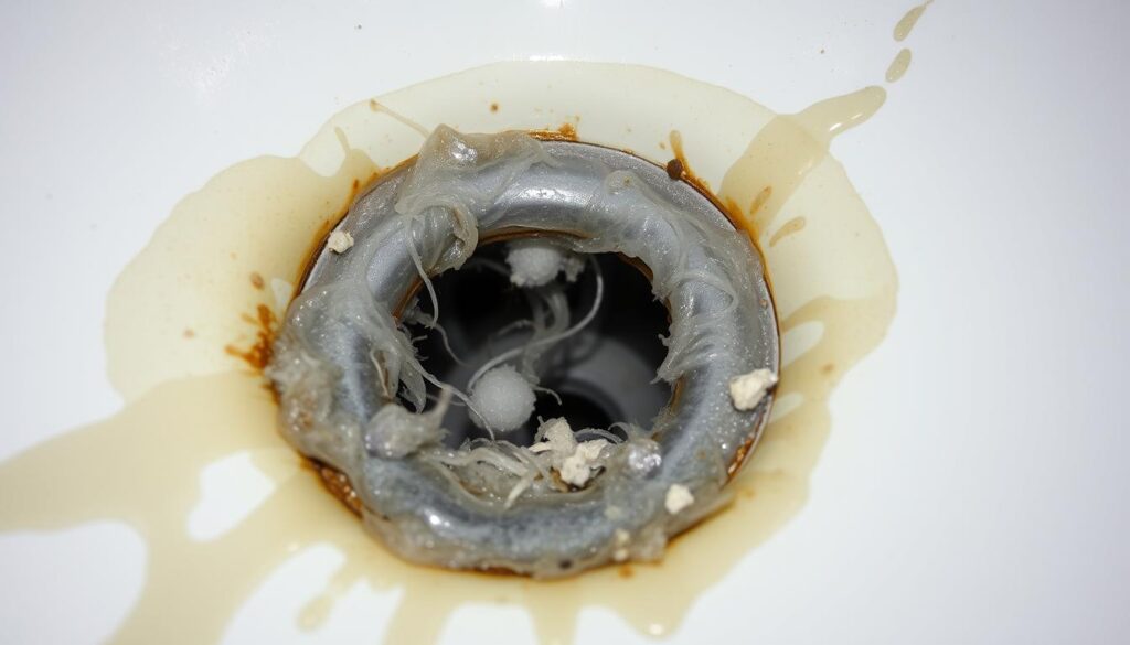 a close-up view of a bathroom sink and shower drain with visible build-up of hair, soap scum, and other debris clogging the drain opening, creating a stubborn, slow-moving or backed-up drainage issue. The drain is partially obscured by the water-stained porcelain surface and discolored grout. The lighting is slightly dim, casting shadows and highlighting the grime and scale around the drain, conveying a sense of neglect and the need for thorough cleaning and maintenance. The overall mood is one of frustration and the need for a practical solution to this common household plumbing problem.