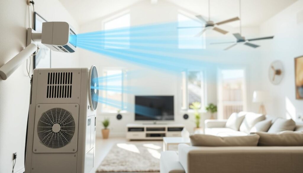 A bright, well-lit living room showcases an optimized home airflow system. In the foreground, an energy-efficient HVAC unit blows cool air through strategically placed vents, creating a seamless circulation. The middle ground depicts open windows and smartly positioned fans, enhancing the natural airflow. In the background, sunlight streams through the windows, illuminating a clean, minimalist space designed for maximum air efficiency. The overall scene conveys a sense of comfort, control, and environmental consciousness, reflecting the homeowner's dedication to boosting AC performance during the Arizona summers.