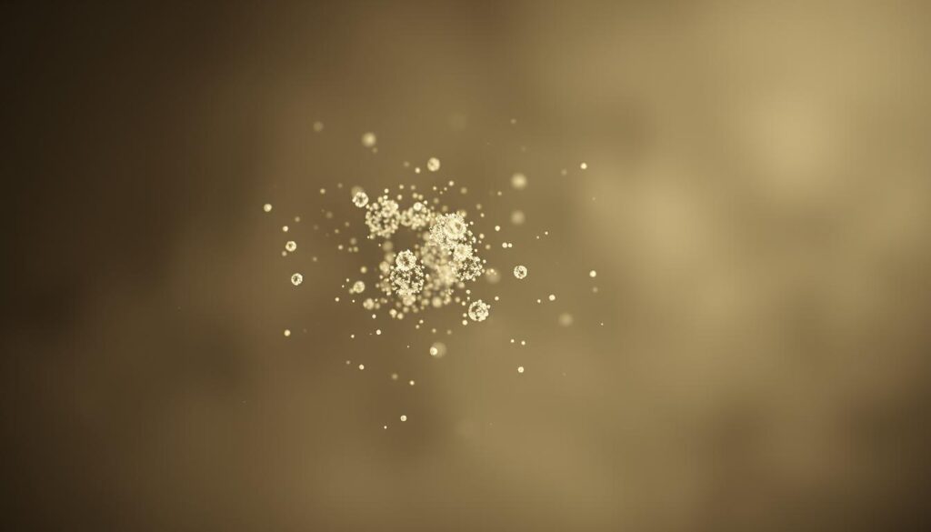 A close-up view of airborne particles captured in midair, illuminated by a soft, diffuse light that creates a sense of ethereal clarity. The particles appear as a delicate, shimmering cloud, suspended against a muted, hazy background that suggests the filtering and purification process. The camera angle is slightly elevated, providing a sense of depth and visual interest. The overall mood is one of scientific intrigue and the invisible processes that influence our indoor air quality.