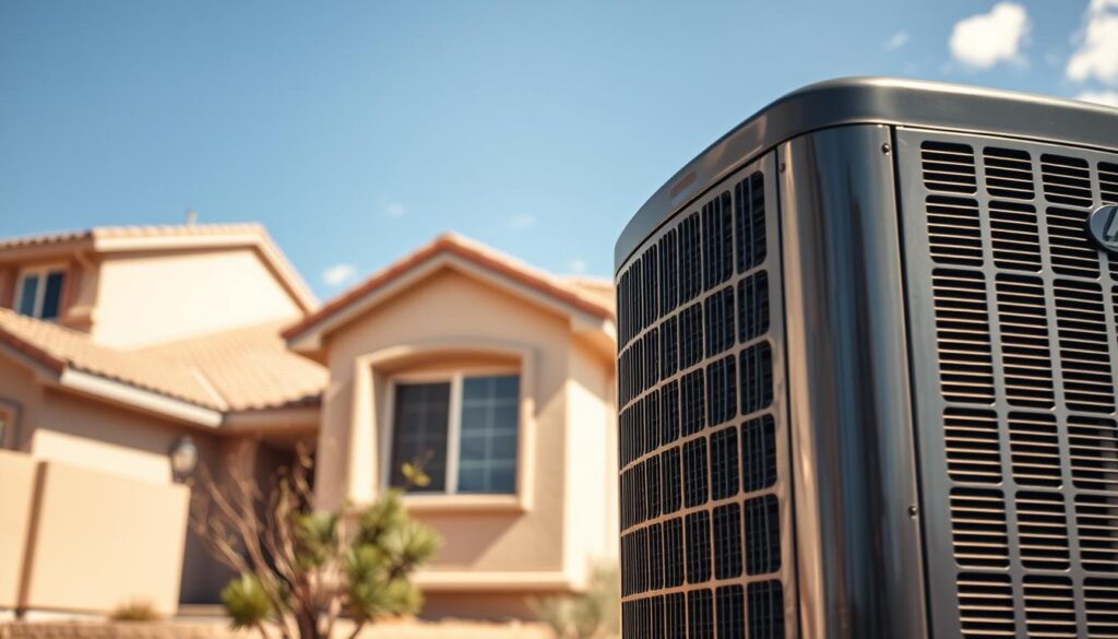 A detailed, highly efficient air conditioning unit stands prominently in the foreground, its sleek metallic exterior gleaming under the harsh Arizona sunlight. The middle ground features a residential home, its windows open to the scorching heat, highlighting the critical need for effective cooling. In the background, a cloudless sky sets the stage, emphasizing the relentless nature of the summer heat that the AC unit must contend with. The scene conveys a sense of technological advancement and modern design, yet also underscores the vital importance of maintaining peak AC performance in the face of challenging environmental conditions.