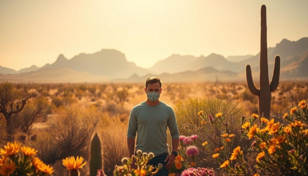 A vast expanse of desert landscape, with towering mountains in the distance, under a bright, cloudless sky. In the foreground, vibrant blooms of desert flora - cacti, yucca, and wildflowers - symbolize the unique challenges faced by allergy sufferers in Arizona. The hot, arid air is hazy with fine dust particles, creating a sense of struggle and adversity. A lone figure, their face partially obscured by a protective mask, stands amidst the verdant growth, a metaphor for the daily battle against the region's persistent allergens. Soft, warm lighting casts dramatic shadows, evoking the intensity of Arizona's allergy season. The composition conveys the harsh, unforgiving nature of the environment, while hinting at the resilience required to thrive in this challenging climate.