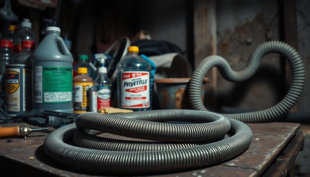A cluttered garage workspace, dimly lit, with various drain cleaning tools scattered across a workbench. In the foreground, a heavy-duty plumber's snake coils on the table, its metal teeth glistening. Behind it, a collection of chemical drain cleaners, their labels faded and bottles dented, suggesting their limited effectiveness. In the middle ground, a set of rubber gloves and a rusty bucket, hinting at the messy and unpleasant nature of DIY drain cleaning. In the background, a shadowy corner holds a dusty, outdated-looking drain snake, a testament to the limitations of amateur techniques. An atmosphere of frustration and inadequacy pervades the scene, conveying the challenges of resolving stubborn drain blockages without professional equipment and expertise.