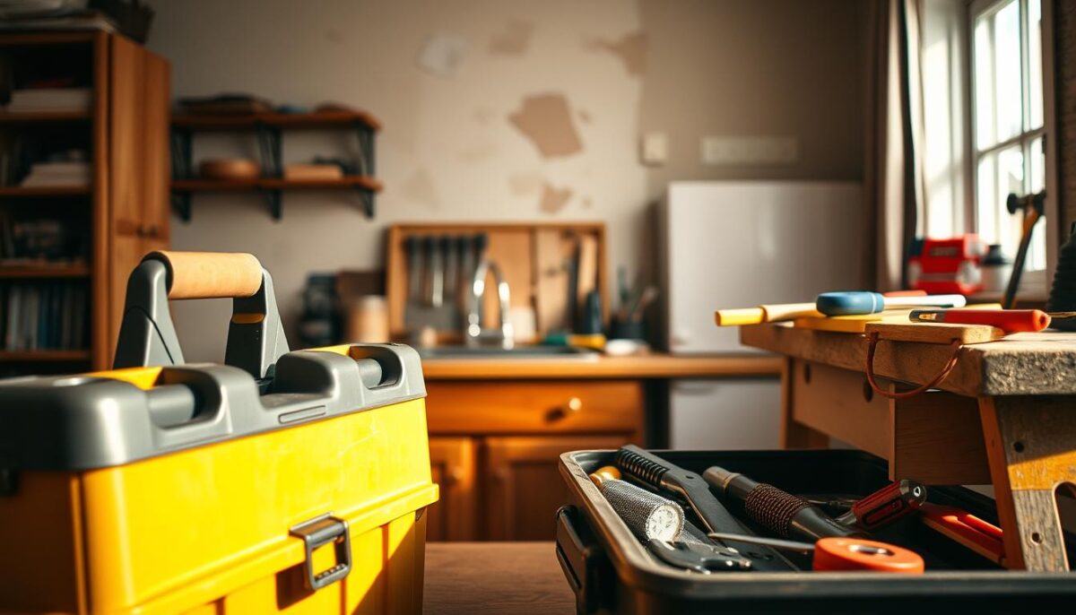 A cozy home interior, with a plumber's toolbox and a handyman's workbench visible in the foreground. In the middle ground, a kitchen sink with a leaky faucet and exposed pipes. The background features a DIY home repair project, such as drywall patching or painting. Warm, natural lighting illuminates the scene, creating a welcoming and lived-in atmosphere. The overall composition suggests the dilemma of choosing between a professional plumber or a capable handyman to tackle the necessary home repairs.