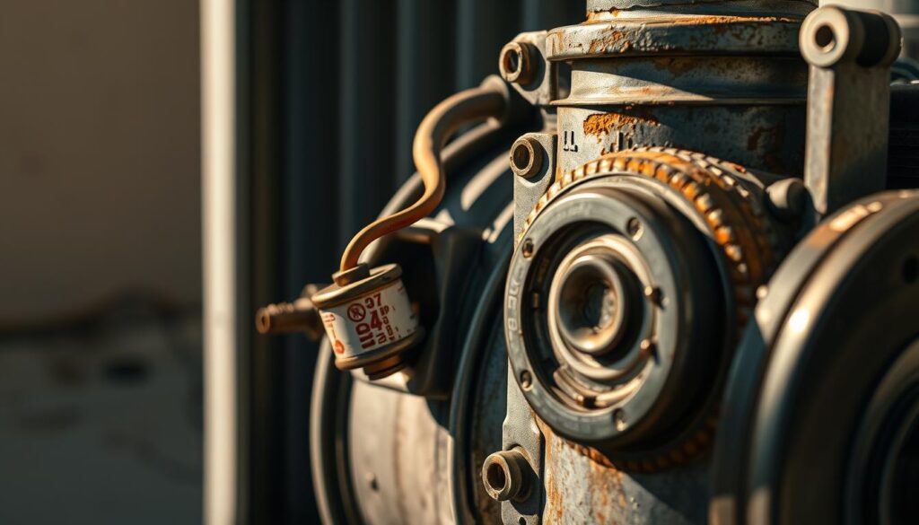 A detailed close-up view of an air conditioning compressor unit, showcasing various signs of potential failure. The compressor is positioned in the foreground, illuminated by a warm, natural light source casting subtle shadows. The middle ground features a selection of worn or damaged components, such as a leaking refrigerant line, a burnt-out capacitor, and a seized bearing. The background blends a neutral, muted environment, allowing the focus to remain on the technical details of the compressor. The overall mood conveys a sense of diagnostic examination, inviting the viewer to closely inspect the various indications of an impending compressor failure.