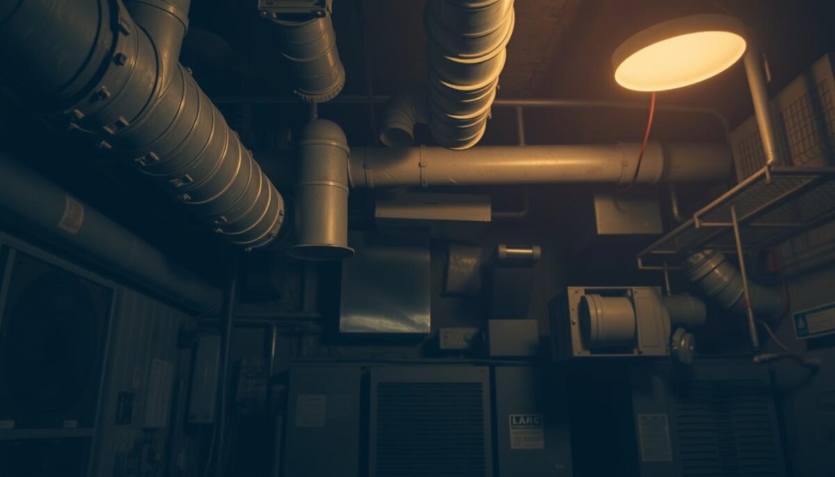 A dimly lit, industrial-style HVAC system room, with various components such as ducts, vents, and fans prominently displayed. The room has a sense of age and wear, with grunge textures and shadows adding to the atmosphere. In the foreground, the HVAC system is emitting a range of noises, including rumbling, whirring, and clanking sounds, conveying the idea of a malfunctioning or aging system. The overall mood is one of concern and curiosity, inviting the viewer to investigate the potential issues behind the noises.