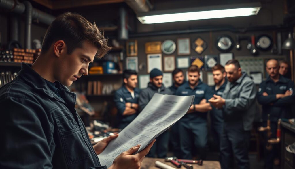 A dimly lit workshop, the air thick with the aroma of oil and grease. In the foreground, a young plumber in coveralls intently studies a blueprint, his brow furrowed in concentration. Behind him, an array of specialized tools - wrenches, pipes, and fittings - neatly organized on a workbench. In the middle ground, a group of apprentices observe as an experienced plumber demonstrates the proper techniques for soldering copper pipes, their faces alight with the thrill of learning a new skill. The background reveals a wall adorned with industry certifications and awards, a testament to the rigorous training and dedication required to become a professional plumber.