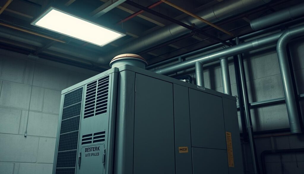 A large, industrial-grade HVAC system sits in the foreground, its metal housing vibrating and panels rattling as a loud, persistent buzzing emanates from the unit. The system is situated in a dimly lit, utilitarian mechanical room, the drab concrete walls and exposed pipes creating a utilitarian atmosphere. Overhead, a single fluorescent light casts an unforgiving, harsh glow, accentuating the system's wear and tear. The scene conveys a sense of neglect and the need for maintenance, hinting at the potential issues that could be causing the troubling buzzing sound.