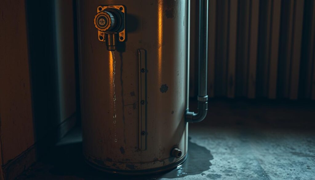 A worn and rusted water heater stands in a dimly lit utility room, its exterior panels dented and discolored. Droplets of water trickle from faulty connections, pooling on the concrete floor. The pressure relief valve emits a faint hissing sound, signaling a potential pressure buildup. The scene is bathed in a warm, amber-tinted light, casting long shadows and creating a sense of neglect and disrepair. The overall atmosphere suggests a malfunctioning appliance in need of immediate attention and repair.