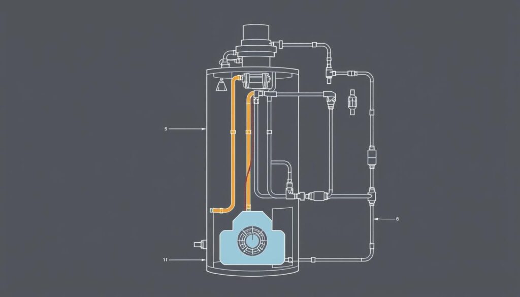 An intricately detailed cross-section diagram of a modern residential water heater system, showcased in a technical illustration style with precise engineering-inspired linework and muted color palette. The foreground displays the water heater tank with its internal components such as the heating element, thermostat, and safety valves. The middle ground includes the incoming cold water supply line, hot water output pipes, and the various connections and fittings. The background depicts the overall housing and wall mounting setup, emphasizing the system's integration within a home's plumbing infrastructure. Subtle emphasis on the functional elements and clean, instructional aesthetic to aid in understanding the water heater's mechanical workings.