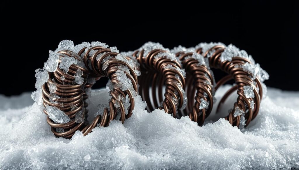 Frozen AC coils, encased in a layer of thick white ice, the delicate metal fins glistening under stark studio lighting. The coil's intricate intertwined structure stands out against a dark, moody background, creating a striking visual contrast. Crisp shadows and highlights accentuate the coil's geometric forms, giving a sense of depth and dimension. The overall scene conveys a sense of technical detail and problem-solving, hinting at the importance of understanding this critical component of an air conditioning system.