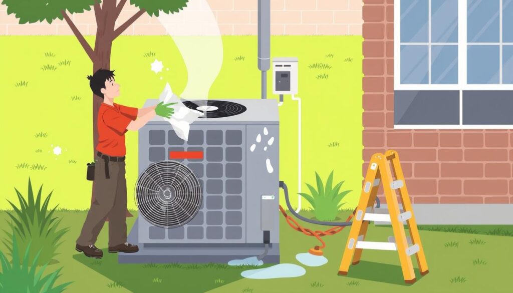 Image of a person cleaning around an outdoor HVAC unit