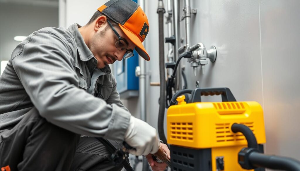 Image of a professional plumber using advanced equipment for drain cleaning