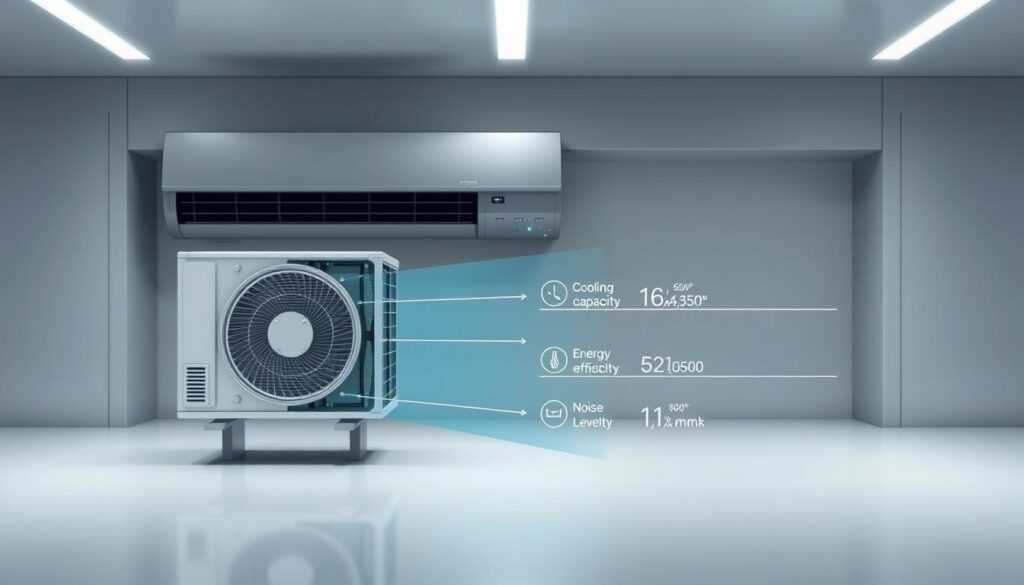 A detailed technical diagram showcasing the key factors that influence the size and efficiency of an air conditioning unit. The foreground shows a cross-sectional view of an AC unit, highlighting its internal components like the compressor, refrigerant coils, and fan. The middle ground depicts a set of performance metrics, including cooling capacity, energy efficiency ratio, and noise levels. The background features a sleek, minimalist industrial design with clean lines and subtle textures, conveying a sense of modern, high-tech aesthetics. The lighting is soft and even, casting slight shadows to accentuate the three-dimensional form. The camera angle is slightly elevated to provide an unobstructed, comprehensive view of the AC unit and its associated data.