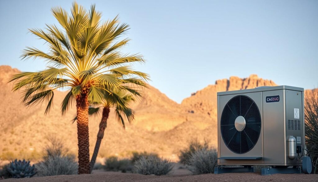 A modern, high-efficiency air conditioning system situated in the arid Arizona landscape. The system stands prominently in the foreground, its sleek, metallic exterior gleaming under the bright desert sun. In the middle ground, lush palm trees sway gently, providing a contrast to the industrial nature of the AC unit. The background features the distinct silhouettes of the Arizona mountains, their rugged terrain bathed in a warm, golden hue. The scene conveys a sense of technological integration within the natural environment, highlighting the importance of reliable climate control in the region.