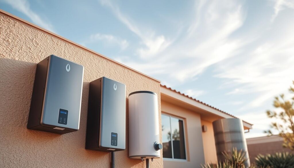 An airy, sunny scene of a typical Arizona home's exterior, with a prominent view of the water heater units installed on the side of the house. In the foreground, two sleek, modern tankless water heaters stand out against the textured stucco walls, their compact frames a testament to efficient design. In the middle ground, a traditional, barrel-shaped water heater sits alongside, highlighting the contrast between the two systems. The background features a clear blue sky with wispy clouds, casting a warm, natural light across the scene. The image conveys a sense of practicality and energy-conscious living, reflecting the unique considerations for water heater selection in the Arizona climate.
