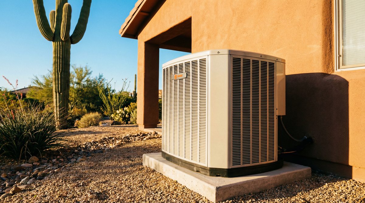 AC condenser unit operating in the Arizona desert sun near Tempe