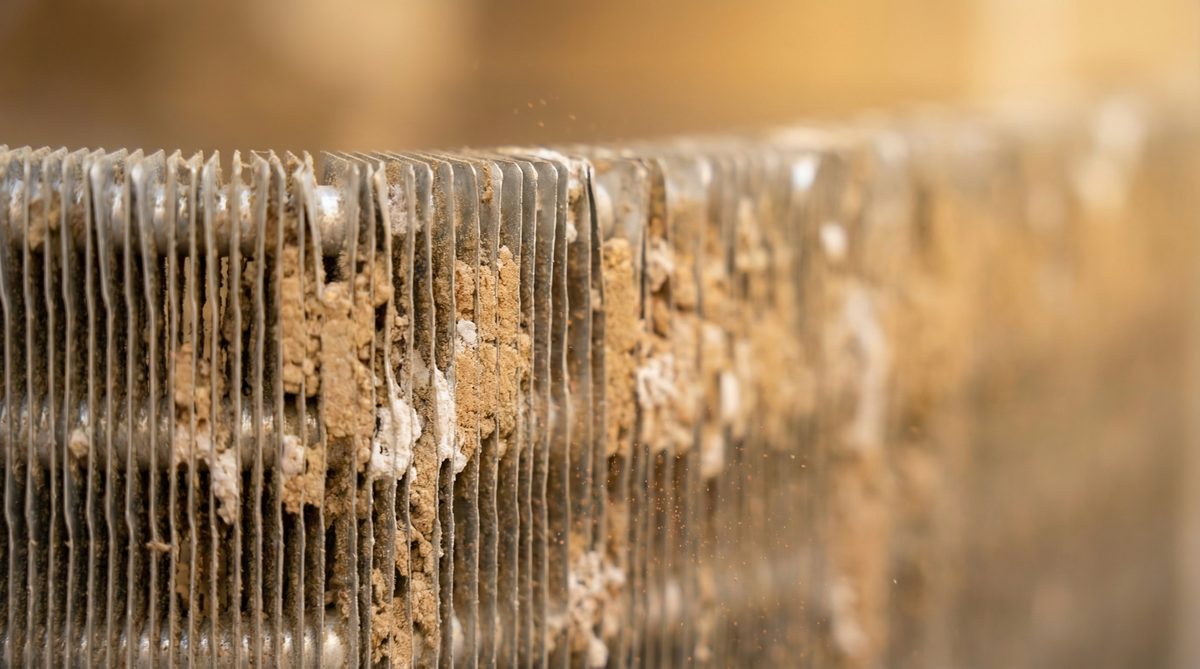Close-up of dusty AC condenser coil fins showing desert dust buildup