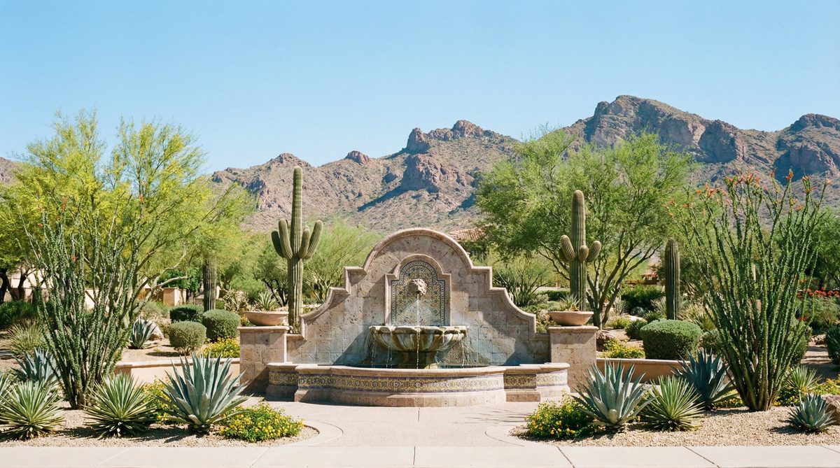 Arizona desert landscape with decorative water fountain and native plants