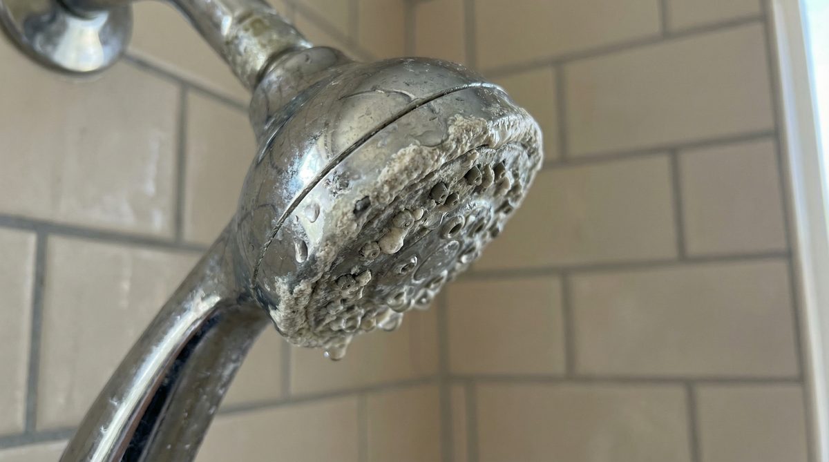 Showerhead with calcium and mineral scale deposits from hard water