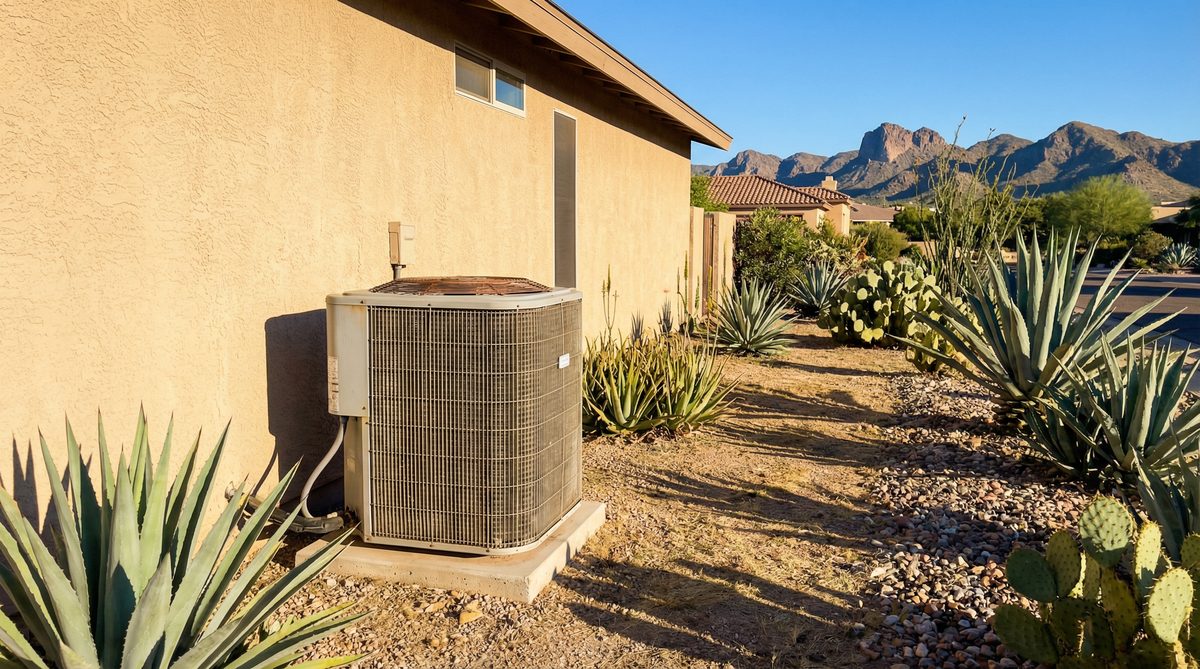Air conditioning condenser unit next to Fountain Hills Arizona home with desert mountain views