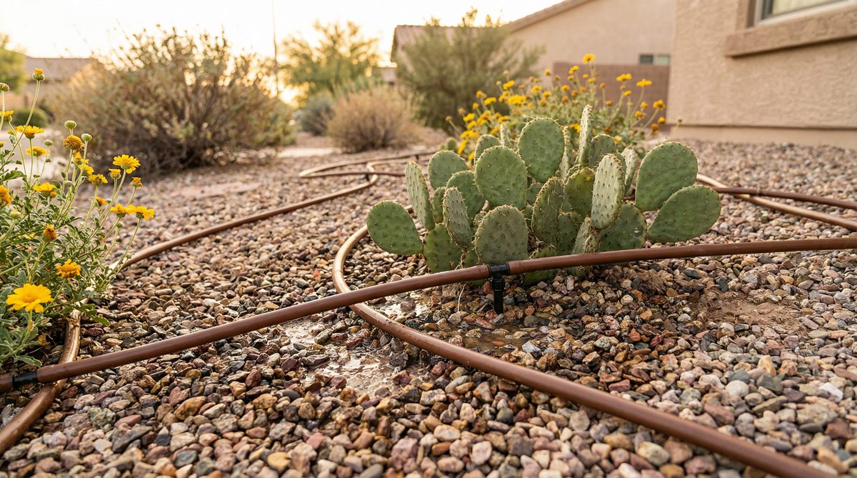 Drip irrigation system watering desert plants in Fountain Hills residential yard