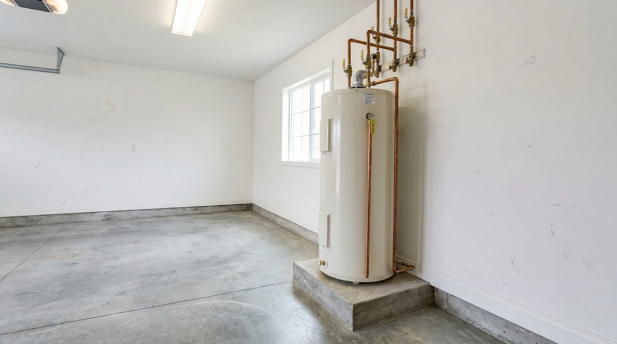 Residential water heater tank with copper pipes installed in Arizona home garage