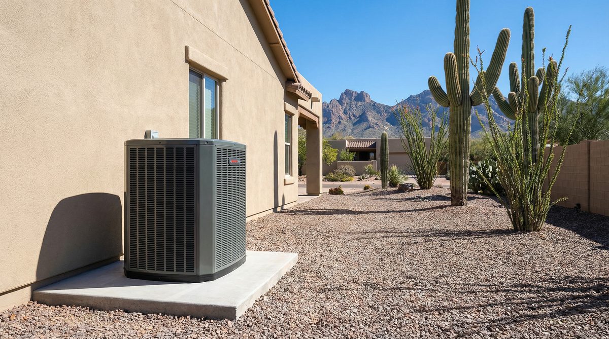 Modern AC condenser unit outside desert home in Fountain Hills Arizona with saguaro cacti