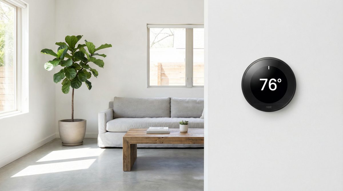 Smart thermostat displaying 76 degrees mounted on wall in Scottsdale Arizona home
