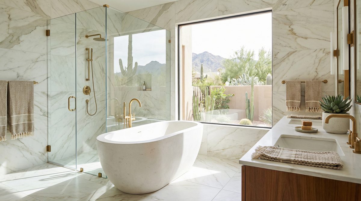 Luxury bathroom with freestanding tub and rainfall shower in Scottsdale Arizona home