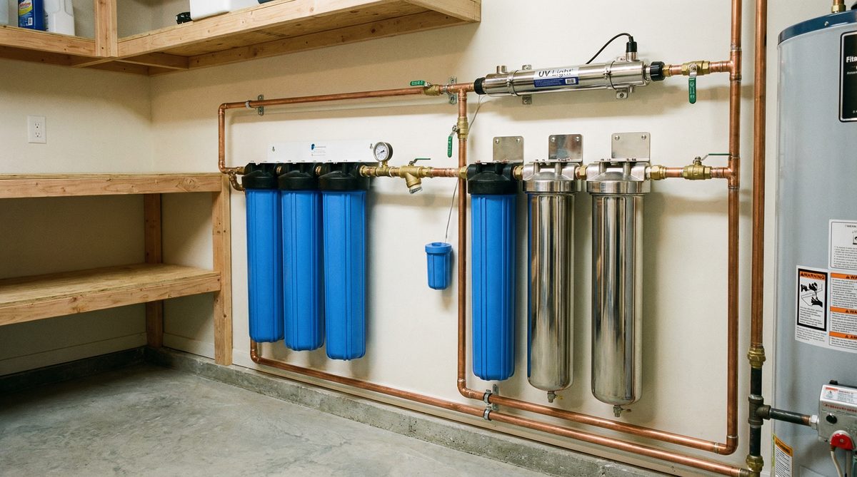 Whole-house water filtration system with blue filter canisters in residential utility room