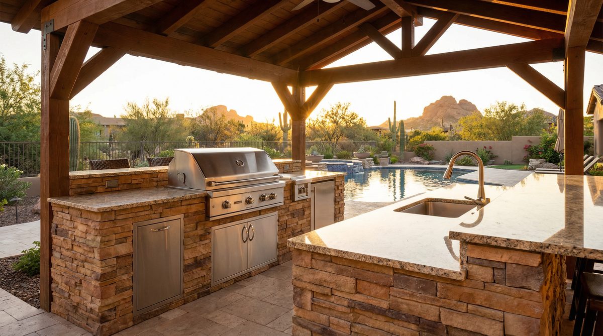 High-end outdoor kitchen with stainless steel grill and sink under covered patio in Scottsdale