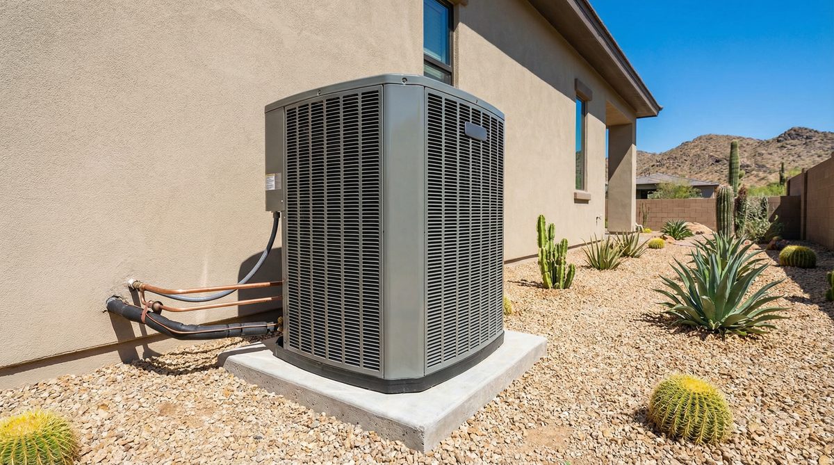 New high-efficiency AC condenser unit installed outside Scottsdale Arizona stucco home
