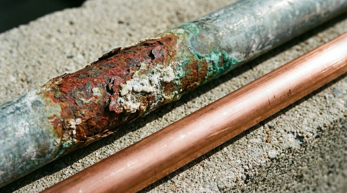 Corroded galvanized steel pipe next to new copper pipe showing contrast in Scottsdale repiping project