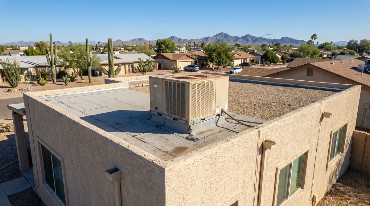 Rooftop package AC unit on flat roof of Mesa Arizona residential home with mountain views