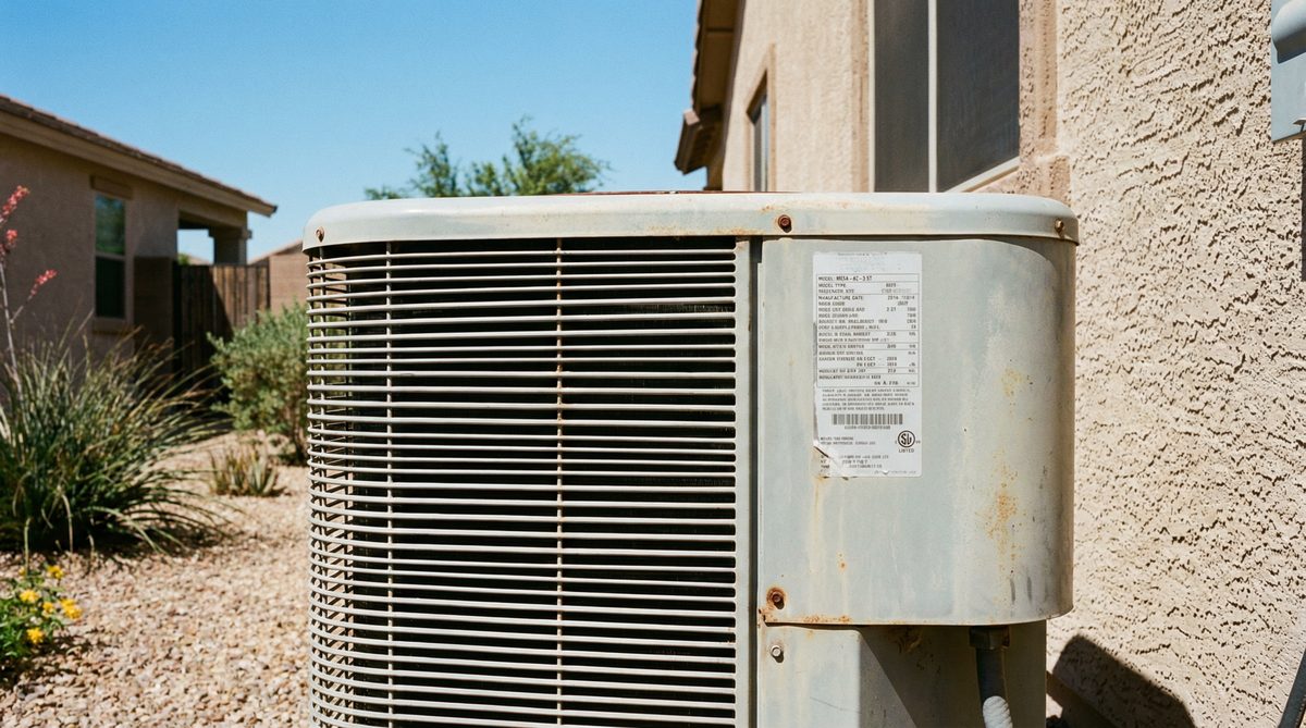 Weathered AC condenser unit with visible data plate outside Mesa Arizona home