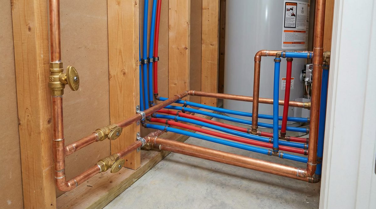Copper and PEX plumbing supply lines in residential utility closet during Mesa home inspection