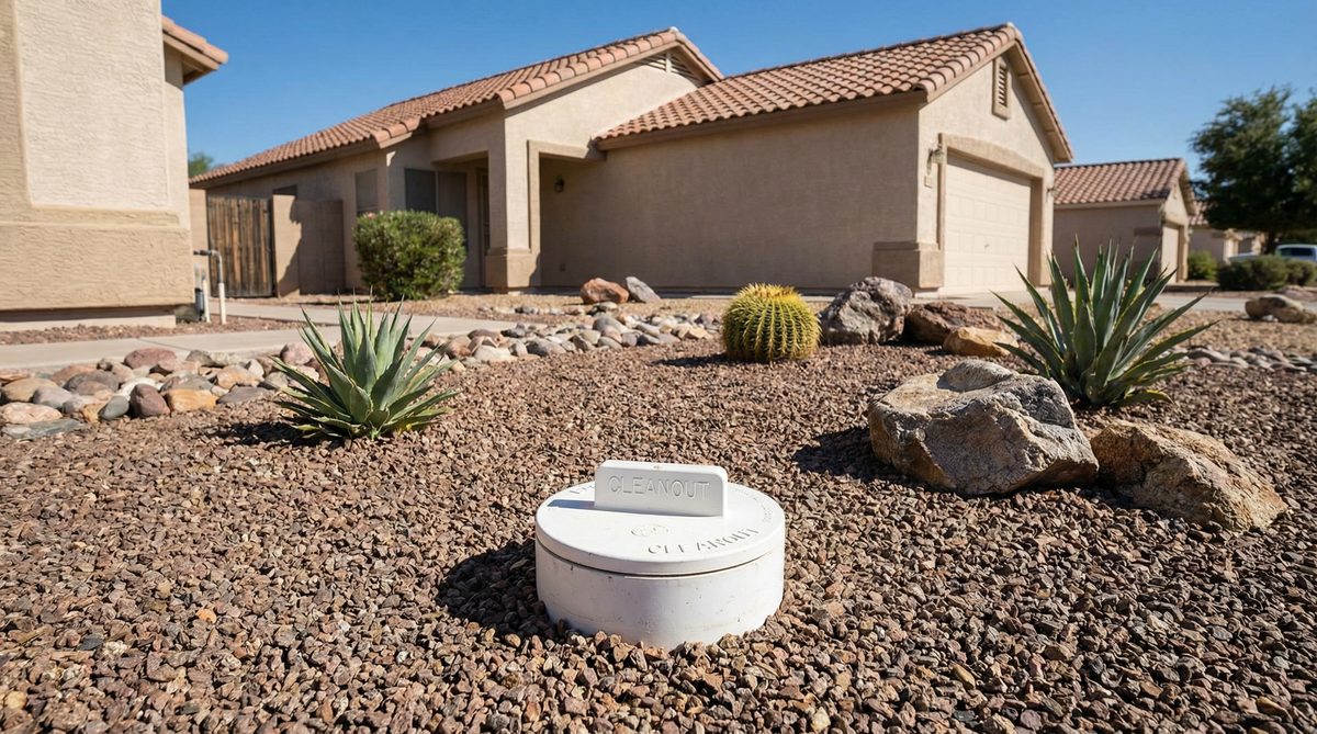 Sewer cleanout cap in desert-landscaped front yard of Mesa Arizona suburban home