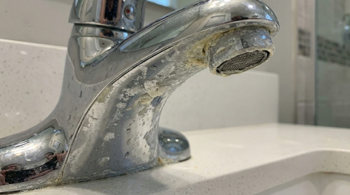 Faucet with mineral scale buildup from hard water in Tempe AZ