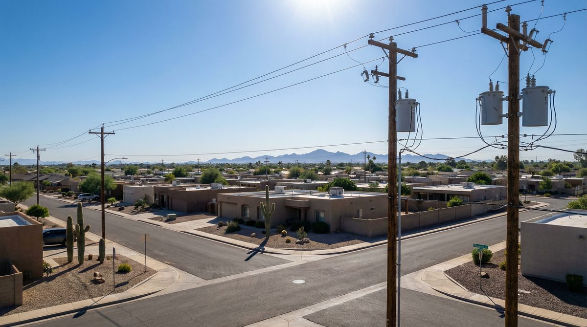 Power lines and transformers over Mesa Arizona residential neighborhood during summer heat