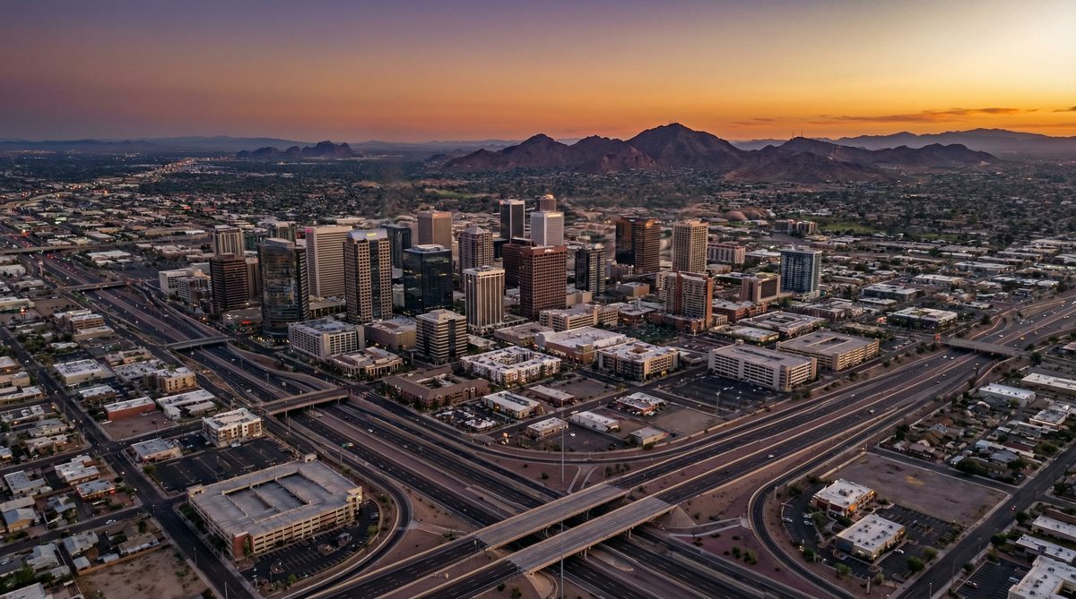 Aerial view of Phoenix Arizona urban heat island with downtown skyline at dusk
