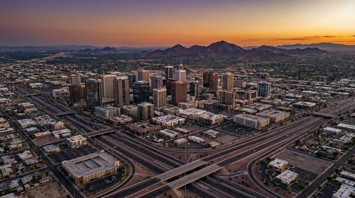 Aerial view of Phoenix Arizona urban heat island with downtown skyline at dusk